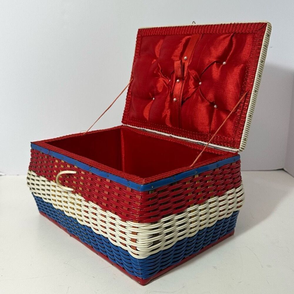 Vintage Red/White/Blue Sewing Basket with Satin Lining
